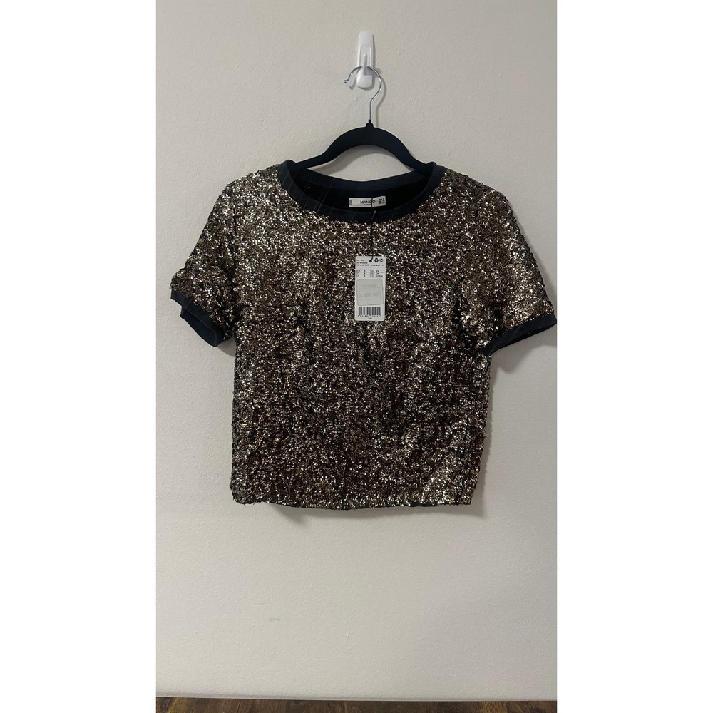 Mango Casual Women's Bronze Gold Sequin Crop Top Short Sleeve NWT size XS